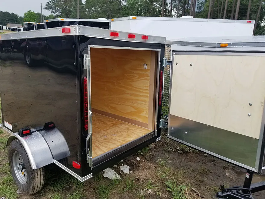 Interior view of the 5x10 enclosed trailer with flooring