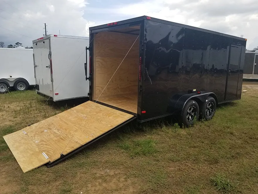Rear ramp door of 7x10 tandem axle enclosed trailer open
