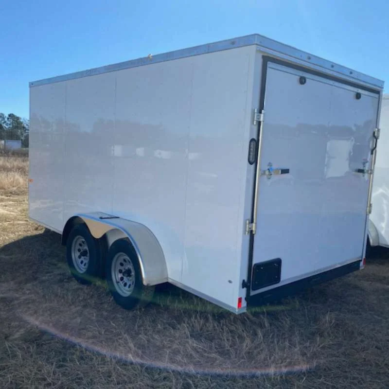 Rear view of 7x12 tandem axle enclosed trailer