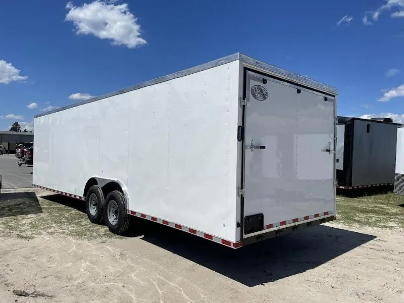 Front view of an 8.5x28 enclosed trailer built for heavy-duty hauling