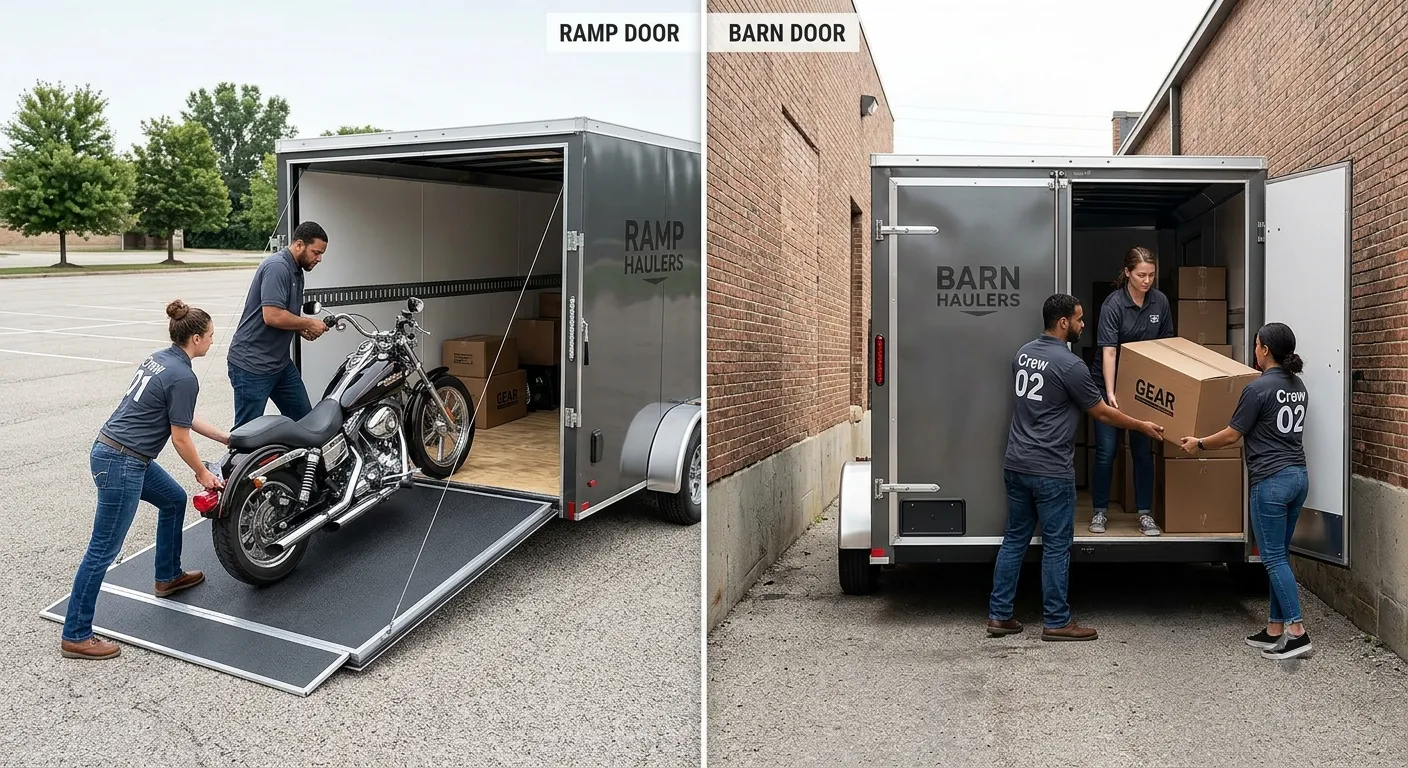 Comparing a ramp door and barn doors on an enclosed cargo trailer